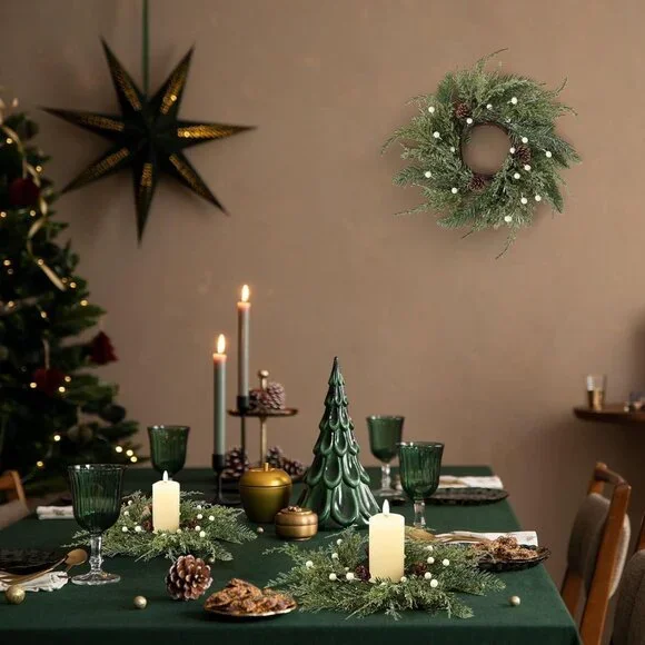 4-Piece Mini Wreath Candle Holders with Pine Cones - Perfect for Christmas Decor
